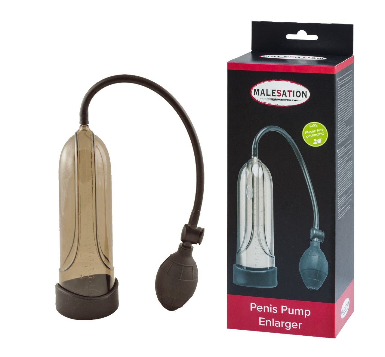 Penis-Pumpe mit schwarzem Schlauch und Pumpe. In Verpackung mit Produktnamen und Markennamen. Transparentes Gehäuse.