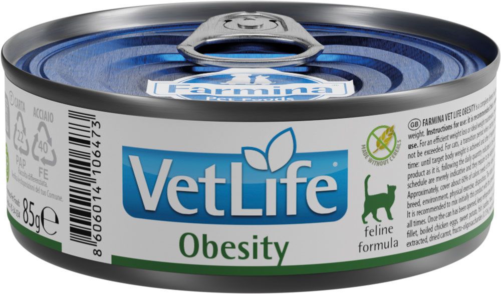 Katzenfutterdose "VetLife Obesity". Etikett mit Text und Logo. 85g. Dose mit blauem Deckel und silbernem Rand.