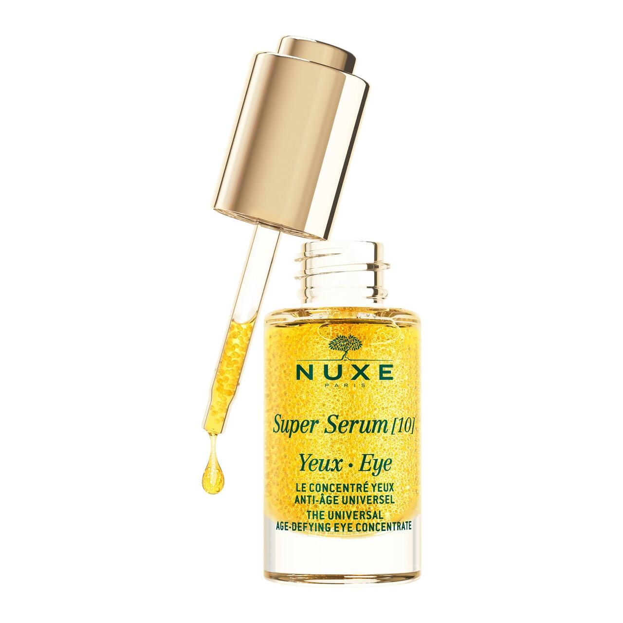 Augenkonzentrat-Flasche mit Pipette. Goldfarbene Flüssigkeit. Aufschrift: NUXE Super Serum [10] Yeux • Eye.