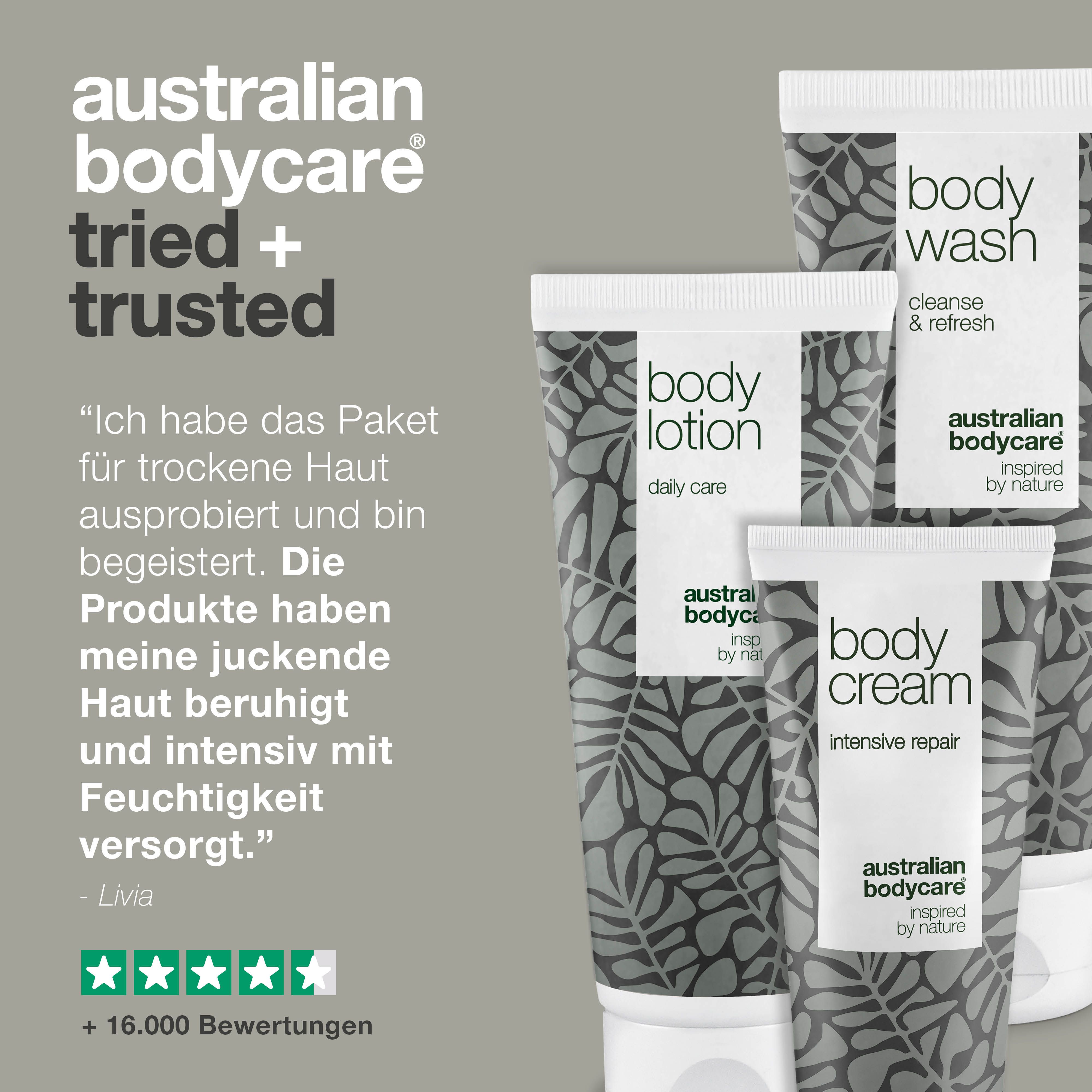 Australian Bodycare. Produkte: Body Lotion, Body Wash, Body Cream. Text: +16.000 Bewertungen. 5 Sterne.