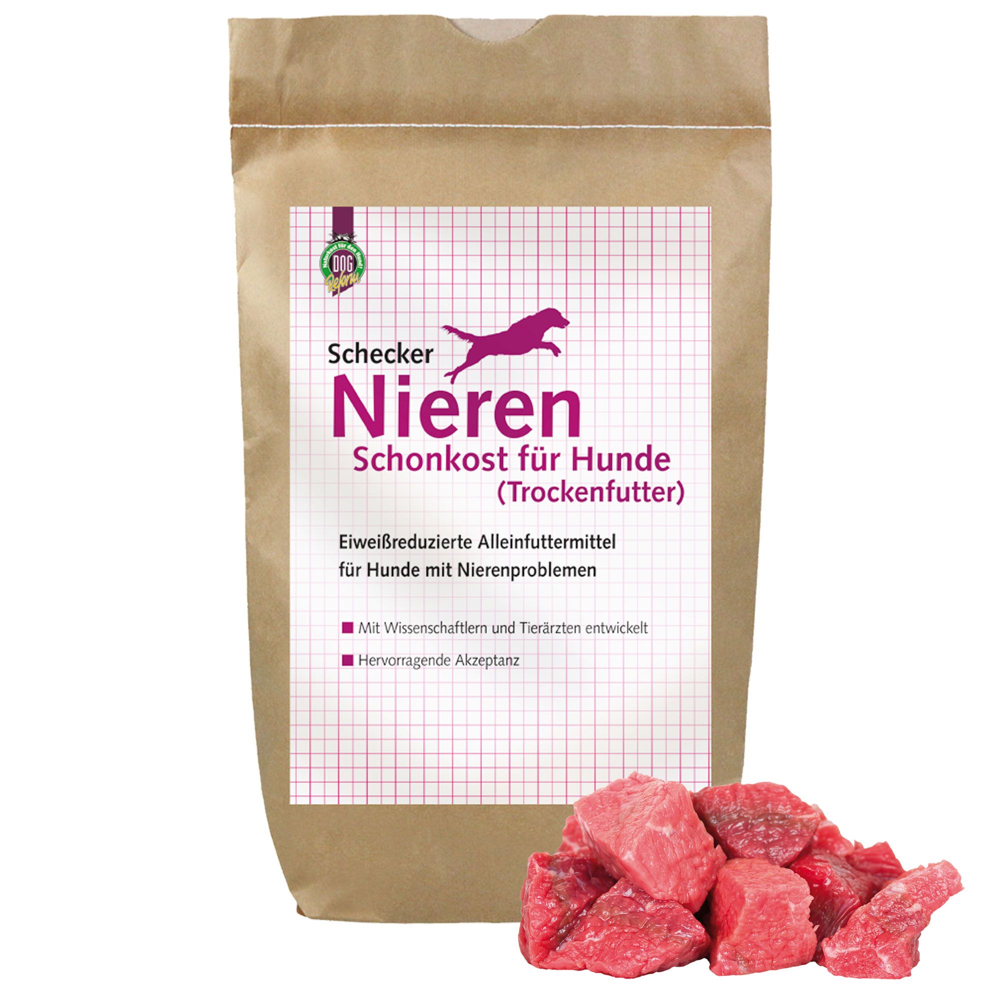 Braune Papiertüte mit Aufdruck. Aufschrift: Schecker Nierenschonkost für Hunde. Daneben rote, fleischartige Brocken.