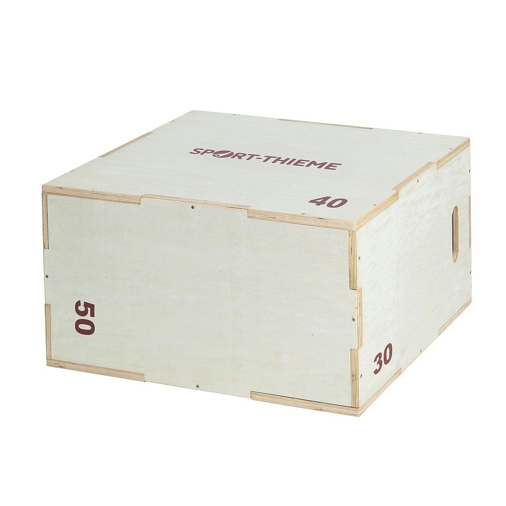 Holz-Plyobox mit Markierungen für 30, 40 und 50 cm Höhe. Marke: Sport-Thieme.