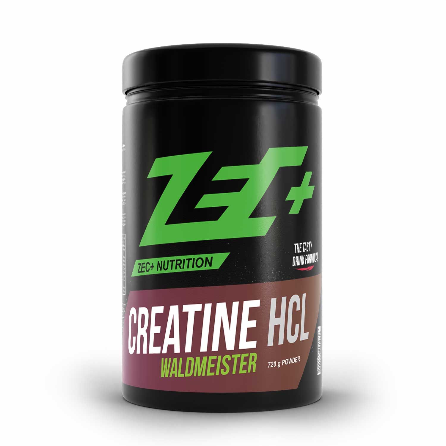 Schwarze Dose mit grünem Logo und Schriftzug. Aufschrift: CREATINE HCL WALDMEISTER. 720g Pulver. ZEC+ Nutrition.