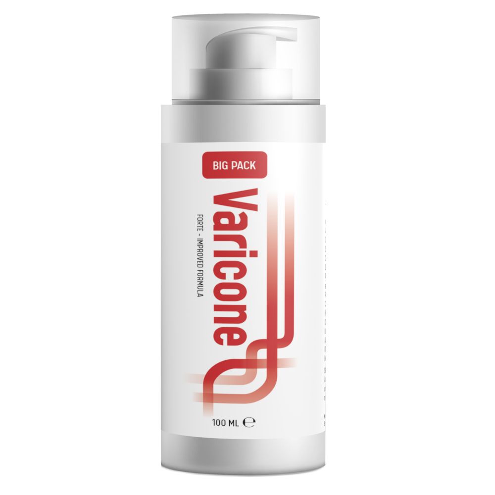Weiße Flasche mit Dosierpumpe. Roter Schriftzug "Varicone". Aufschrift "BIG PACK" und "100 ml".