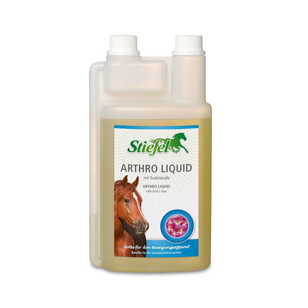 Behälter mit Flüssigkeit. Aufschrift: Stiefel ARTHRO LIQUID. Abbildung eines Pferdes und eines Kreises mit Blüten.