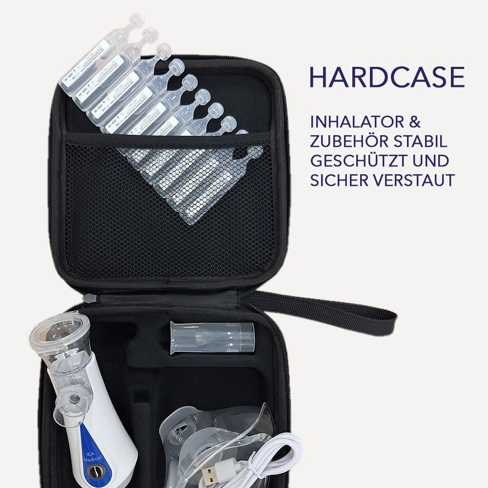 Schwarzes Etui mit Inhalationsgerät, Zubehör und Ampullen. Aufschrift: HARDCASE. INHALATOR & ZUBEHÖR STABIL GESCHÜTZT UND SICHER VERSTAUT.