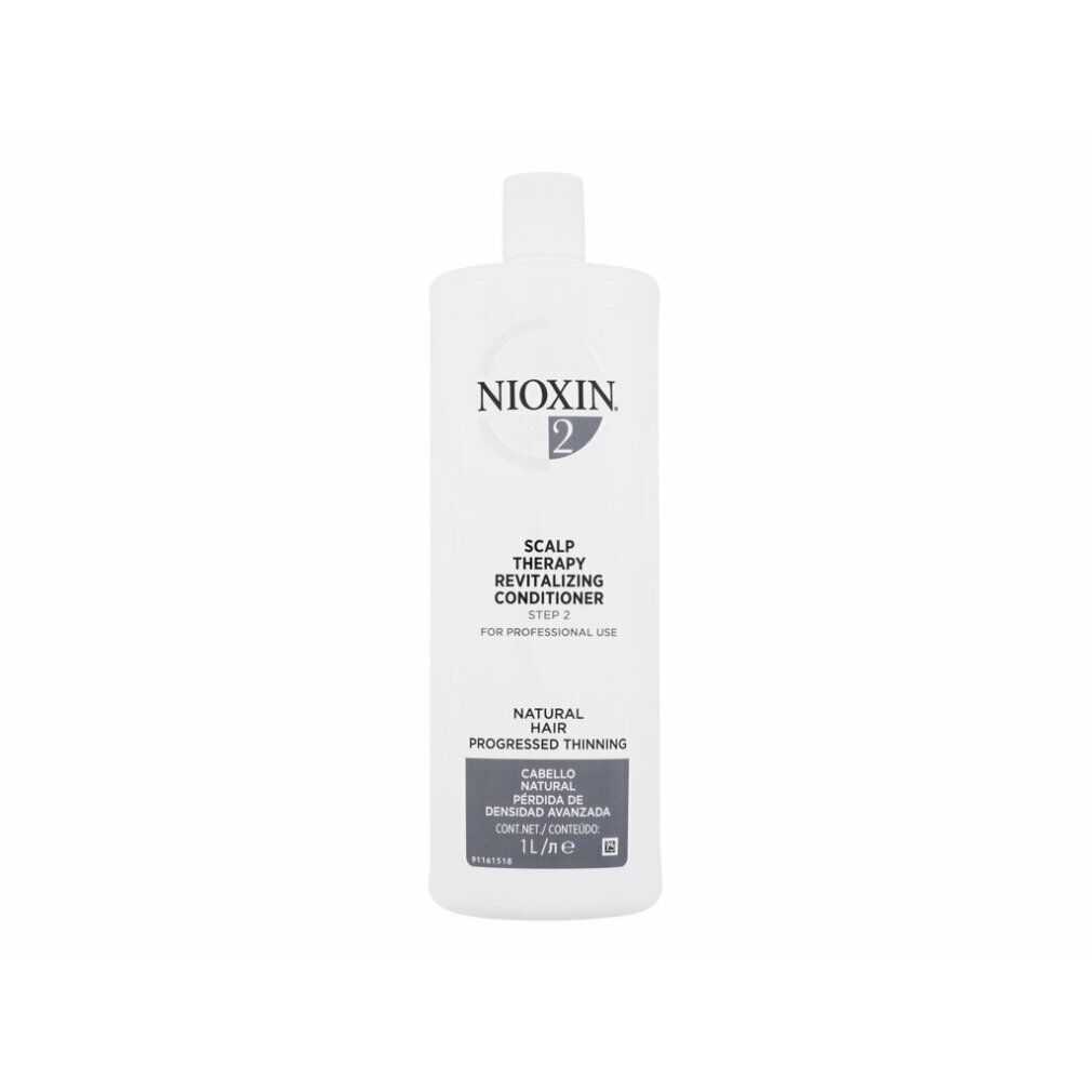 Weiße Flasche Nioxin 2. Aufschrift: Scalp Therapy Revitalising Conditioner, Step 2. Für feines Haar. 1L.