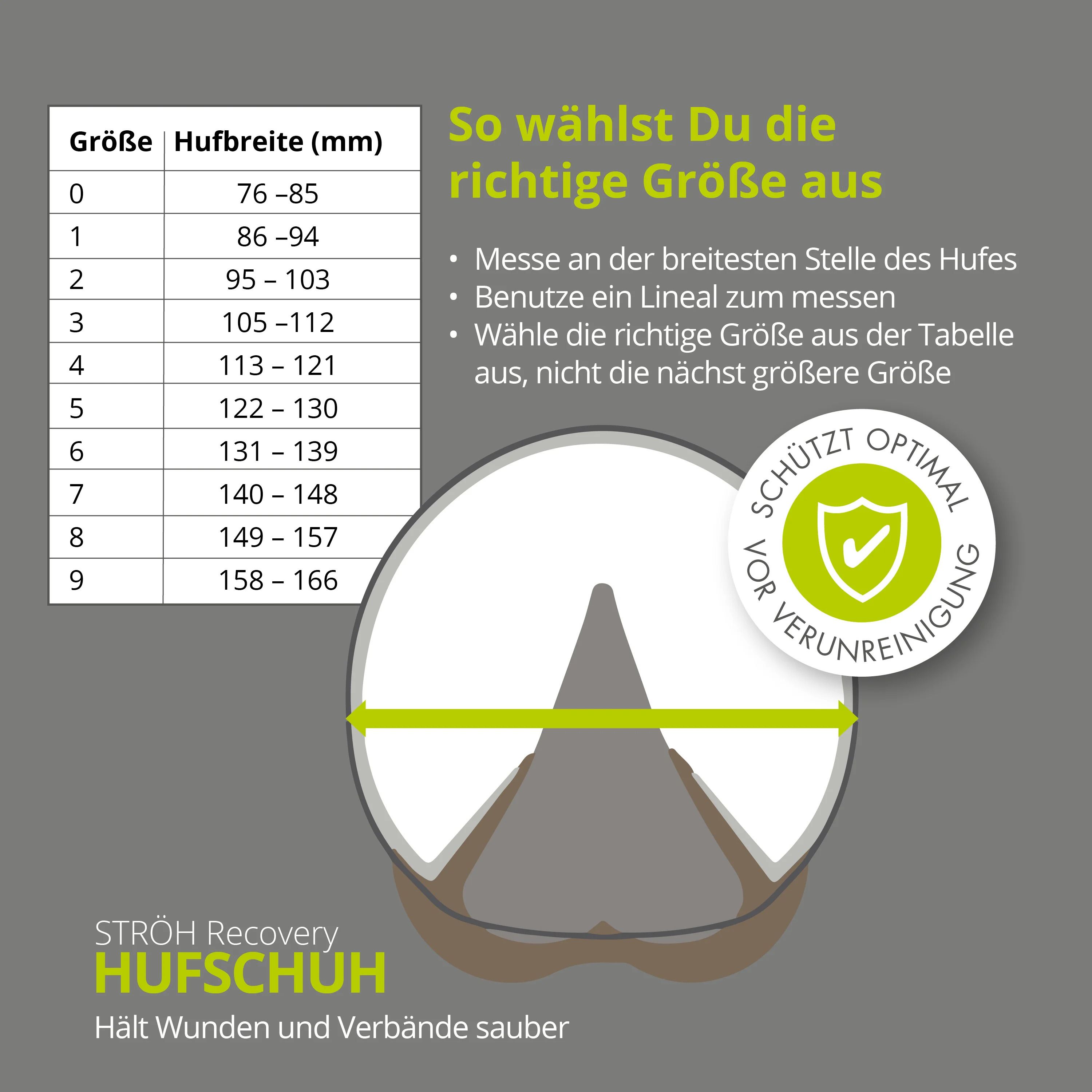 Tabelle zur Größenbestimmung des STRÖH Hufschuhs. Größenangaben in mm. Illustration eines Hufs mit Messlinie. Text: STRÖH Recovery Hufschuh.