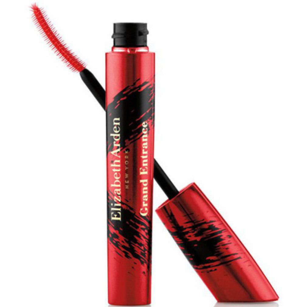 Elizabeth Arden Grand Entrance Mascara in Rot mit schwarzer Aufschrift. Der Applikator ist herausgezogen.