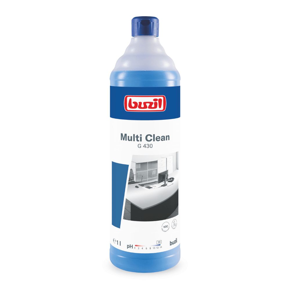Reinigerflasche mit blauem Inhalt. Aufschrift: Multi Clean G 430, Marke buzil. Blaue Kappe und Etikett.