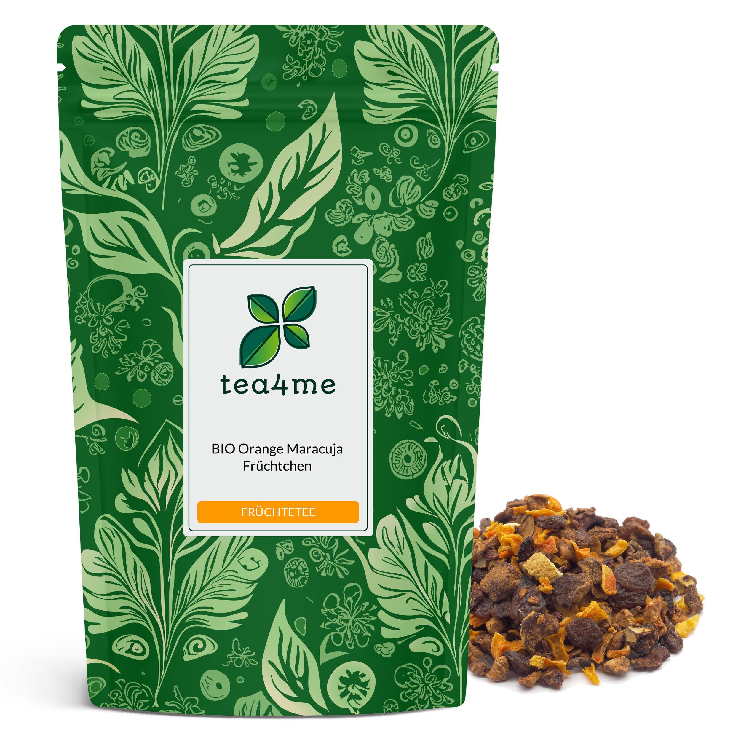 Grüner Beutel mit floralem Muster. Aufschrift: tea4me BIO Orange Maracuja Früchtchen Früchtetee. Daneben loser Früchtetee.