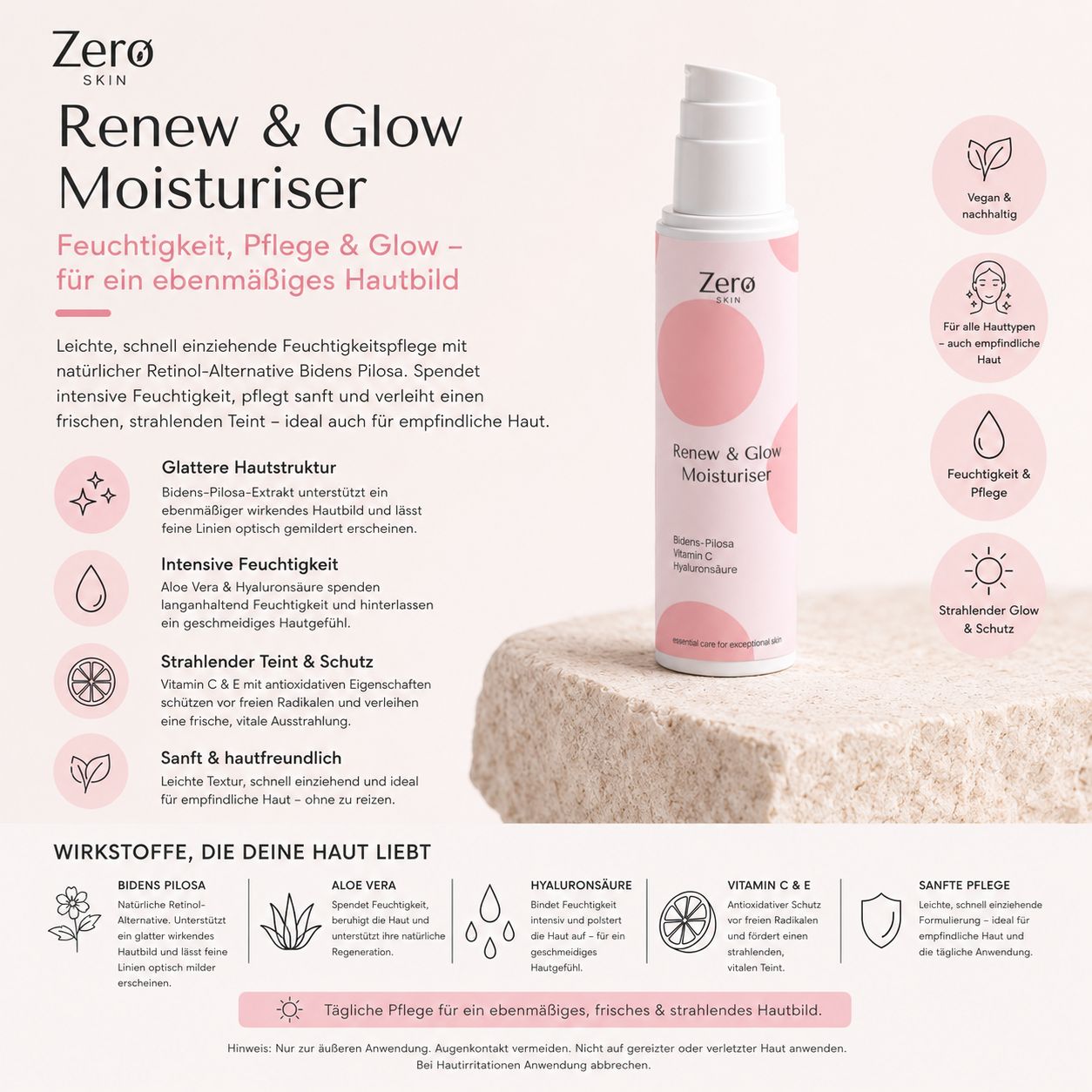 Produkt mit Text und Icons. Aufschrift: Zero Skin, Renew & Glow Moisturiser. Inhaltsstoffe und Vorteile werden aufgelistet.
