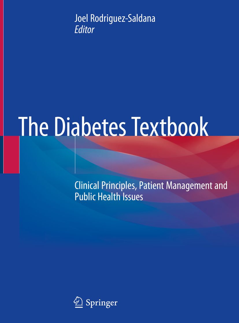 Buchcover mit dem Titel "The Diabetes Textbook". Autor: Joel Rodriguez-Saldana. Verlag: Springer. Blaue, rote und weiße Farbgebung.