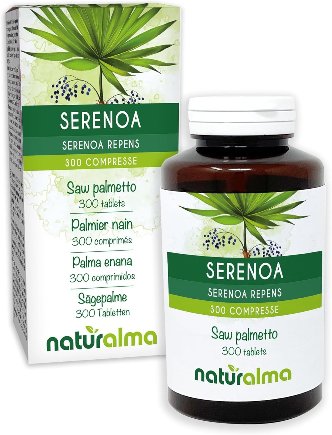 Produktverpackung und Flasche mit Tabletten. Text: Sägepalme, 300 Tabletten. Logo Naturalma.