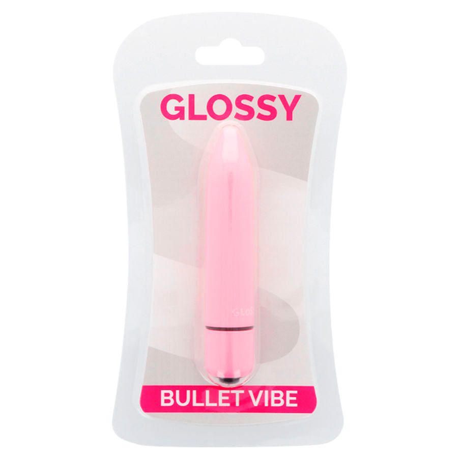 Rosa Bullet Vibe in Blisterverpackung. Aufschrift "GLOSSY" und "BULLET VIBE".