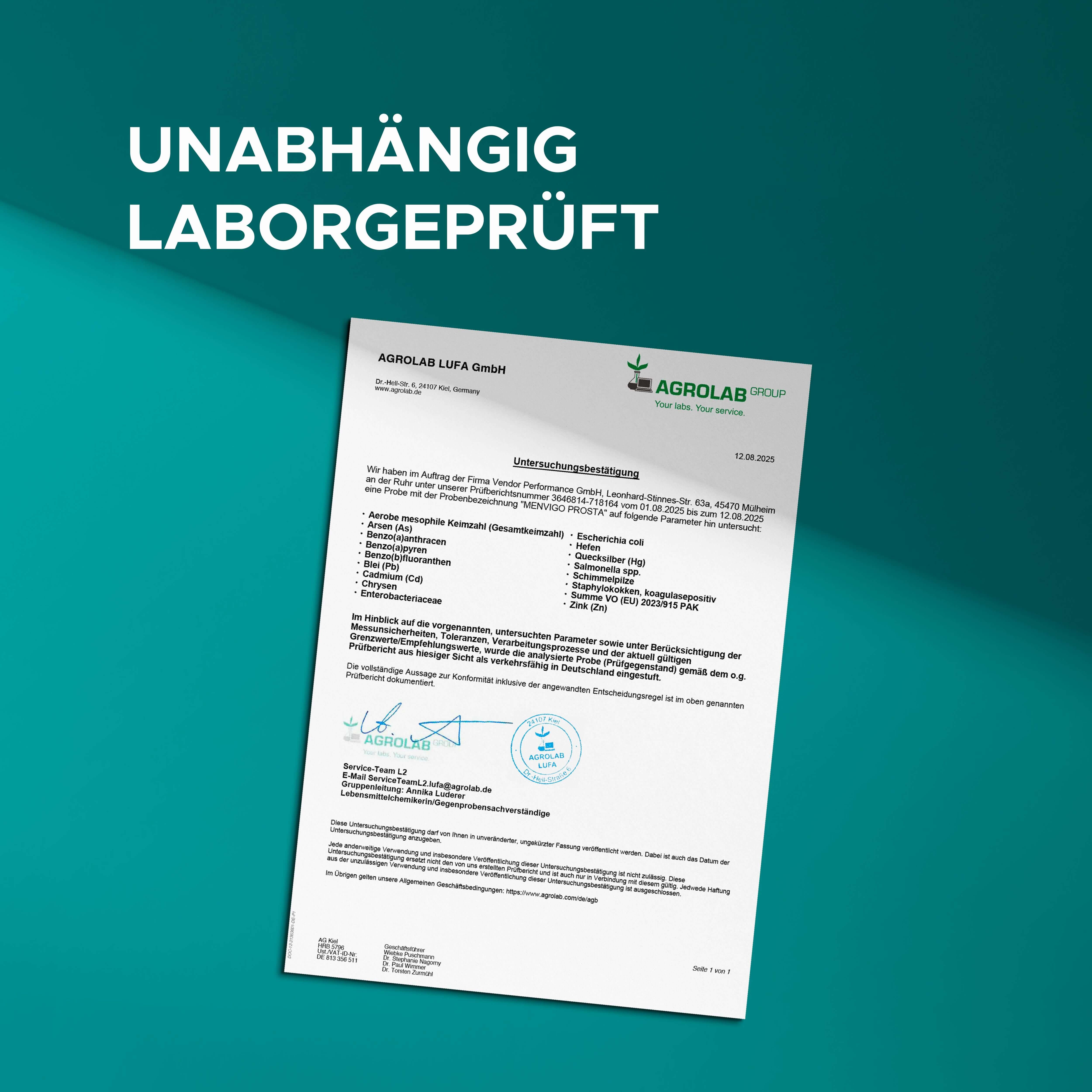 Unabhängig laborgeprüft. Zertifikat von Agrolab LUFA GmbH. Unterschriften und Stempel. Text auf Deutsch.