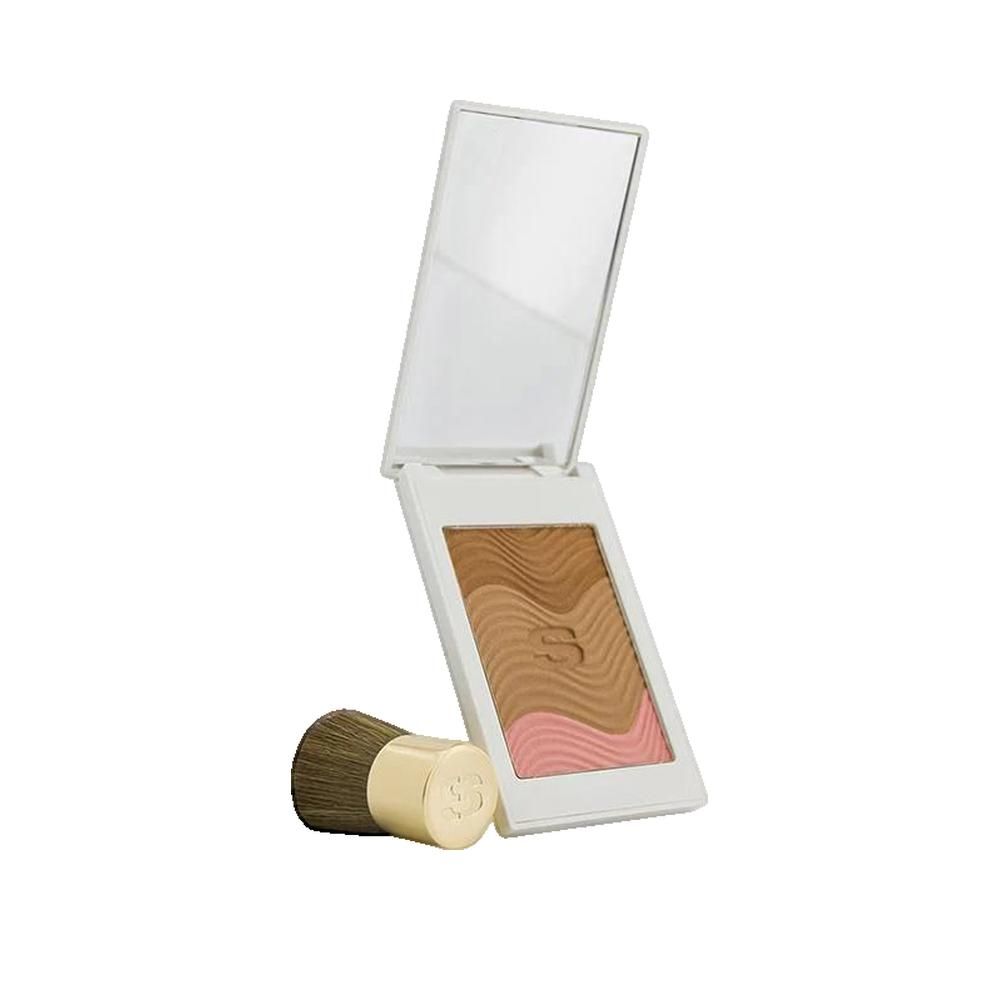 Kompaktpuder mit Spiegel und Pinsel. Weiße Hülle. Puder mit braunen und rosa Farbtönen. Sisley-Logo.