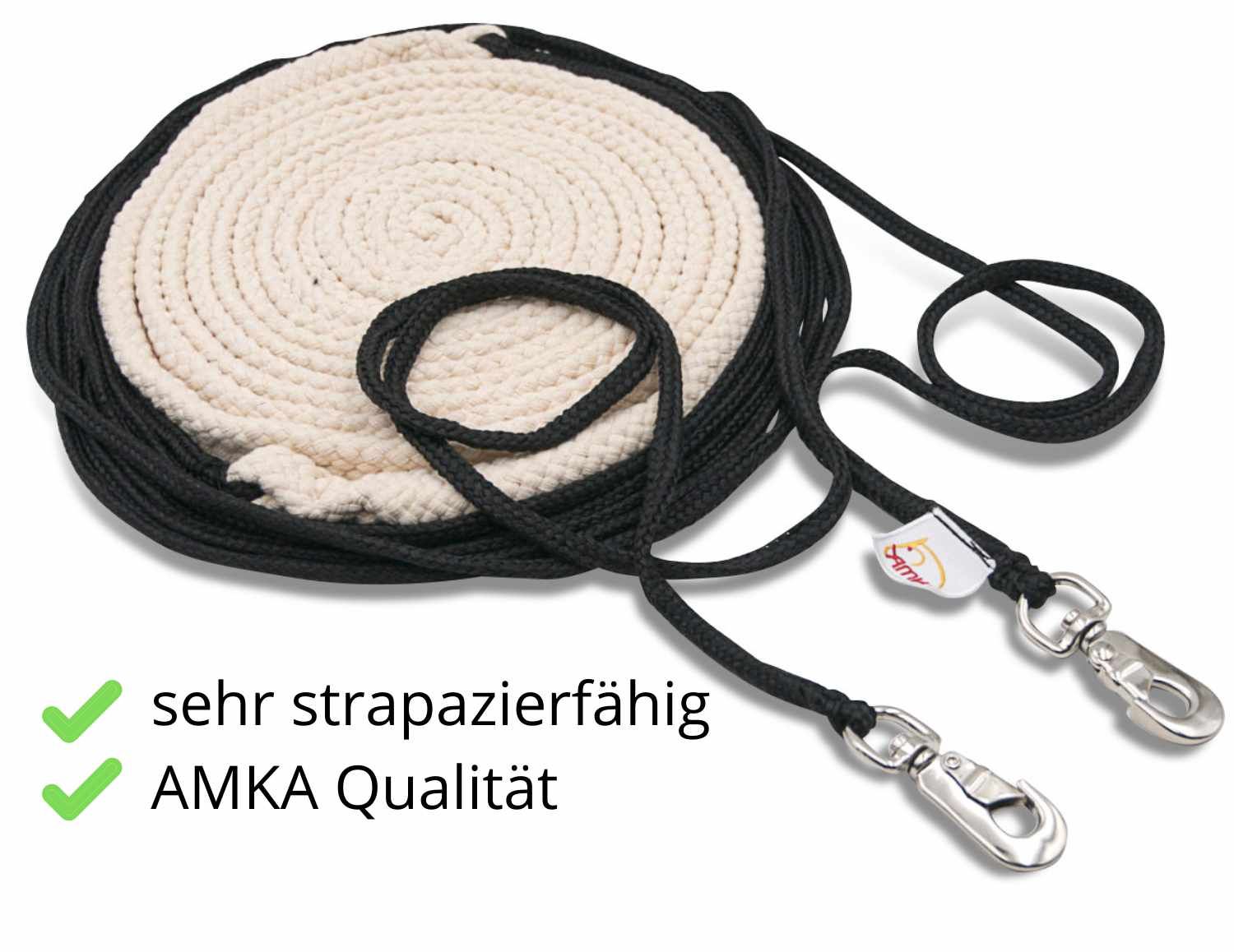 Doppellonge, gerollt, schwarz-weiß. Text: AMKA Qualität. Zwei grüne Haken.