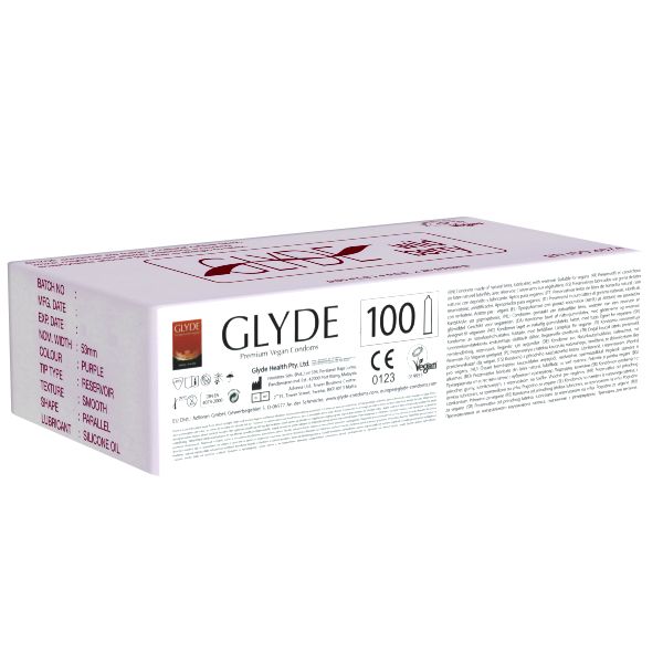 Glyde Ultra *Wildberry* lila Kondome mit Waldfrucht-Aroma, zertifiziert mit der Vegan-Blume