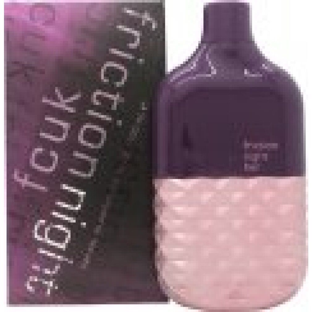 Fcuk Friction Night Flakon und Verpackung. Flakon: lila und rosa, geometrische Textur. Verpackung: lila, Schriftzug.
