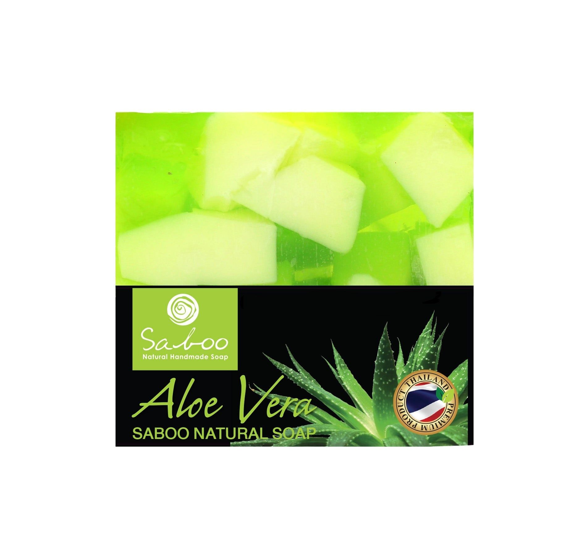 Seife mit Aloe Vera. Oben Würfel, unten Logo und Schriftzug. Schwarzer Hintergrund mit Aloe Vera-Pflanze. Grün-weißes Logo.