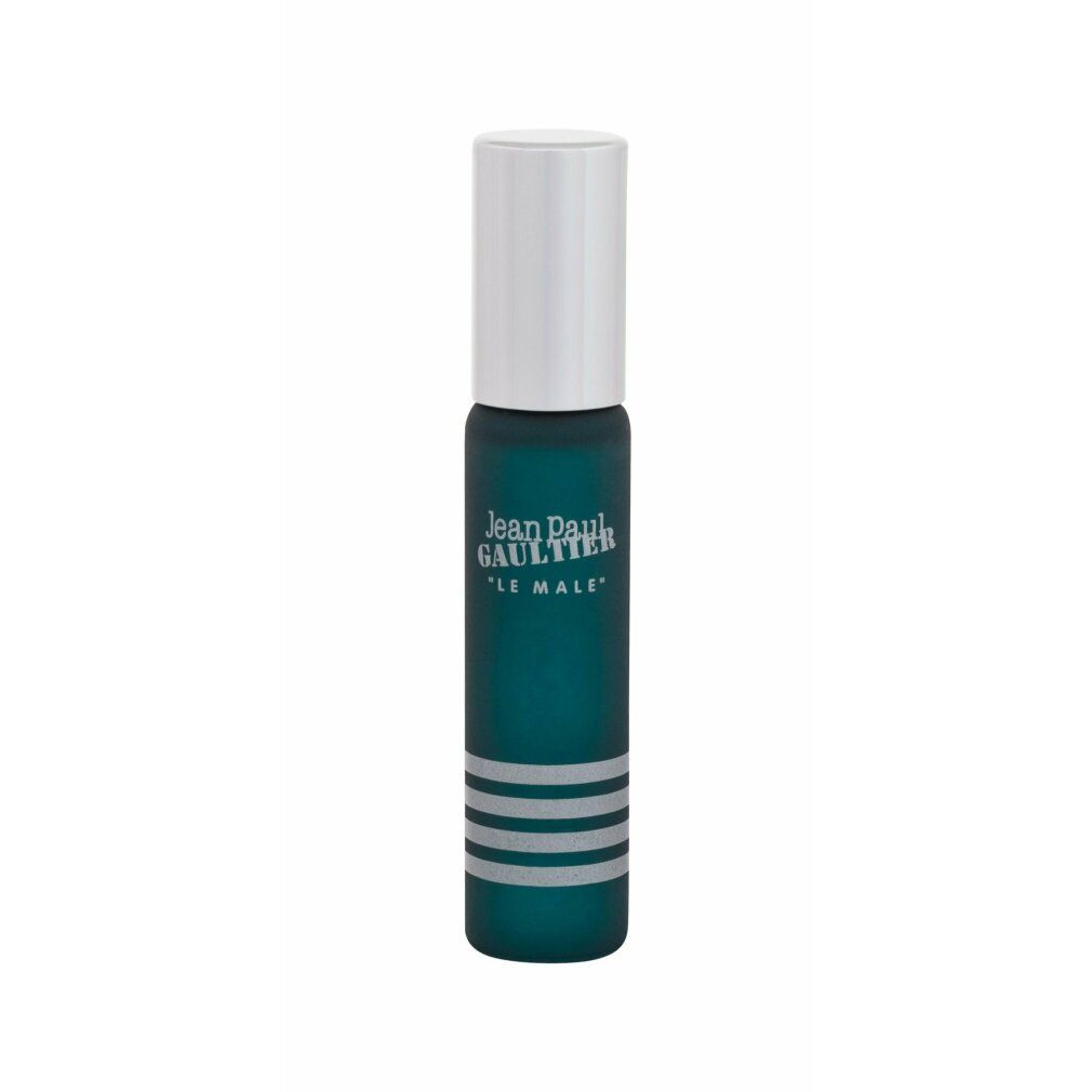 Jean Paul Gaultier Le Male Eau de Toilette Flakon. Grüner Flakon, silberne Streifen, silberner Deckel. Produktname und Marke sichtbar.