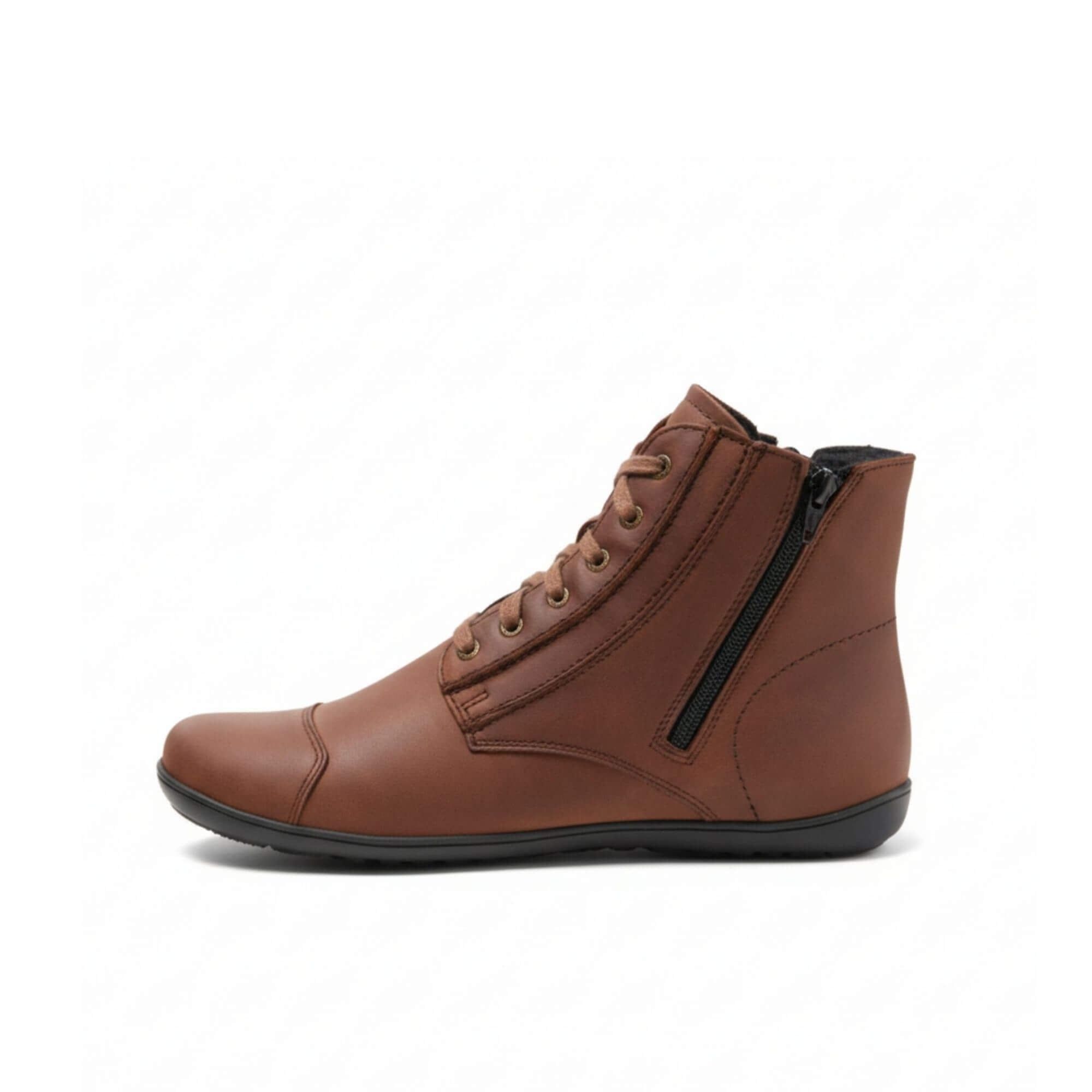 Braune Lederstiefelette für Herren, seitliche Ansicht mit Schnürung und Reißverschluss.