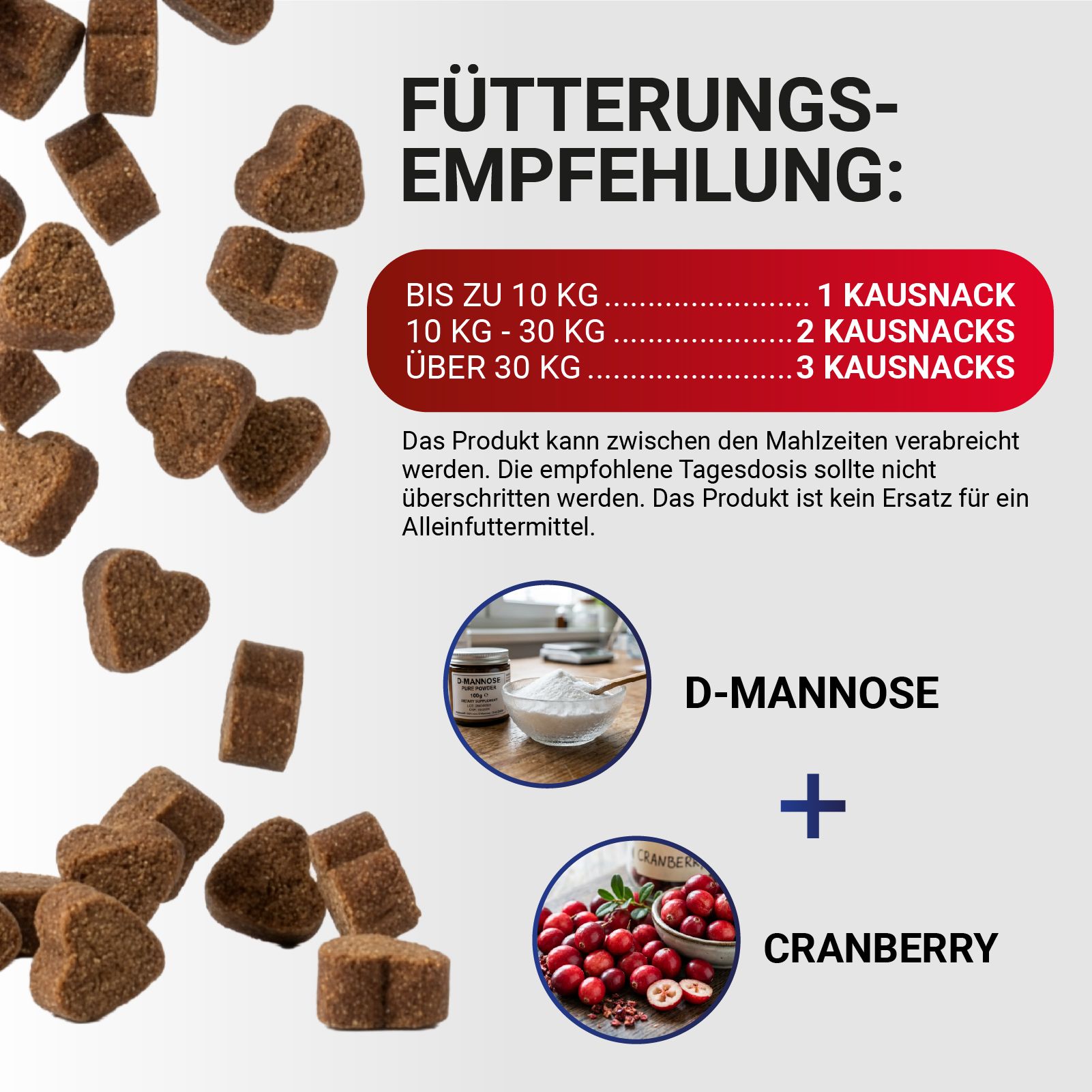 Hundefutter: Weicher Kausnack mit D-Mannose & Cranberry. Enthält Inhaltsstoffe wie Glycerin, Tapiokamehl. Fütterungsempfehlung.