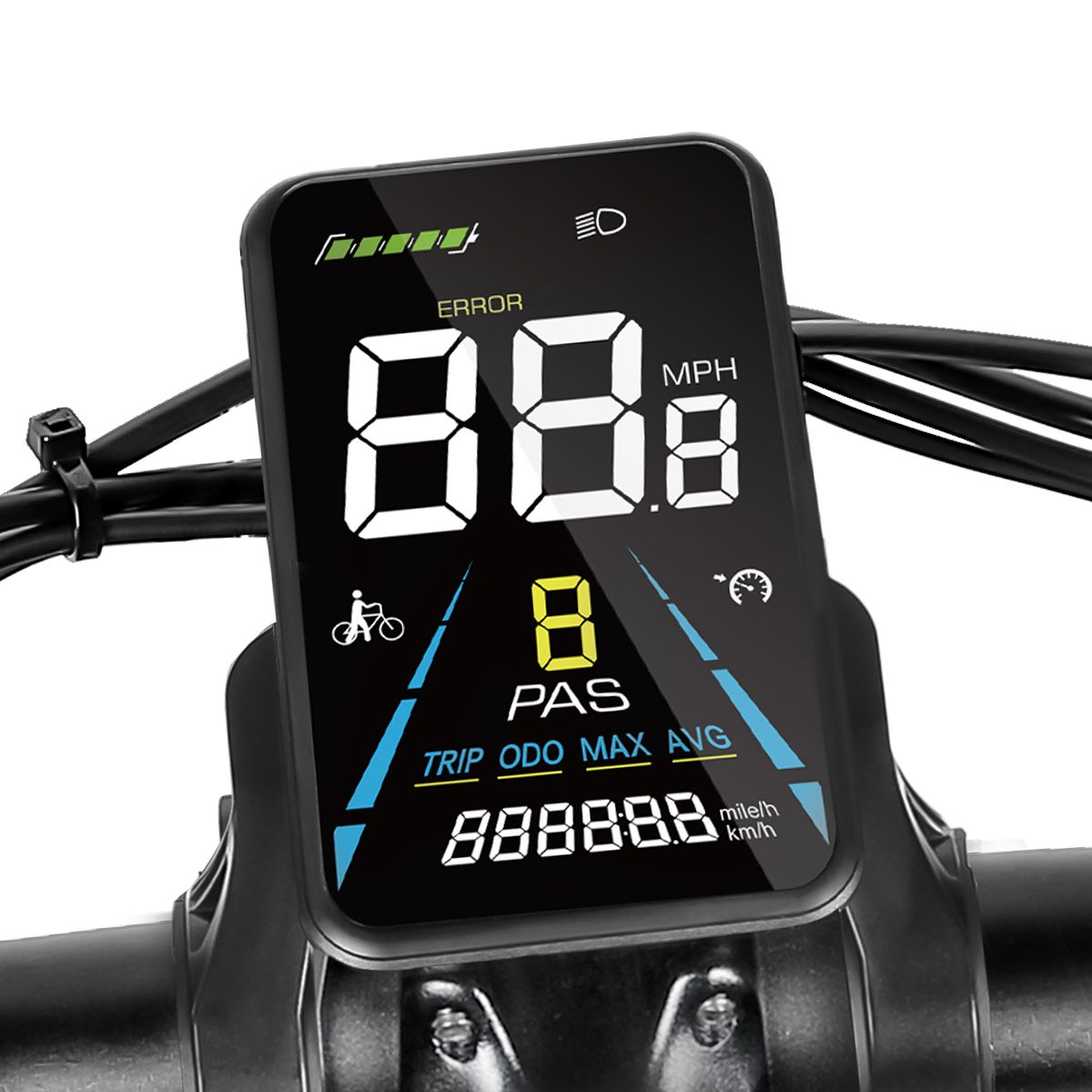 Fahrrad-Display. Zeigt Geschwindigkeit, Akku, Fehler, gefahrene Strecke. Blaue und weiße Schrift.