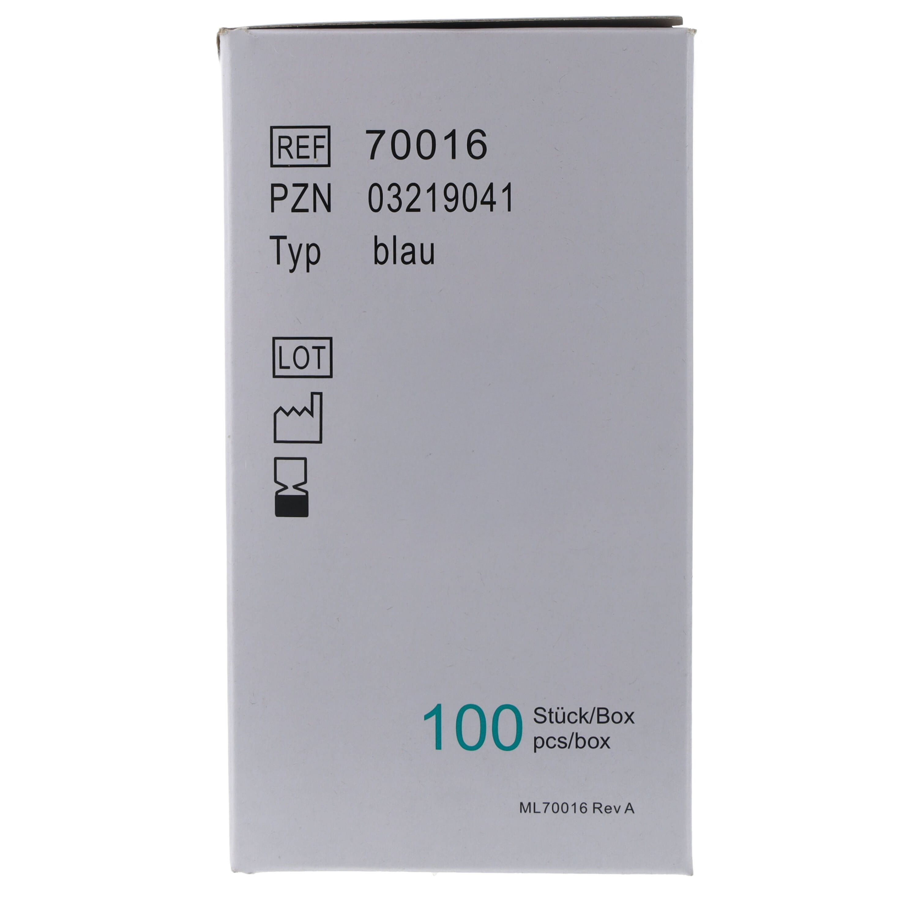 Weiße Verpackung mit Produktinformationen. Enthält Referenznummer, PZN, Typ 'blau' und die Anzahl '100 Stück/Box'.