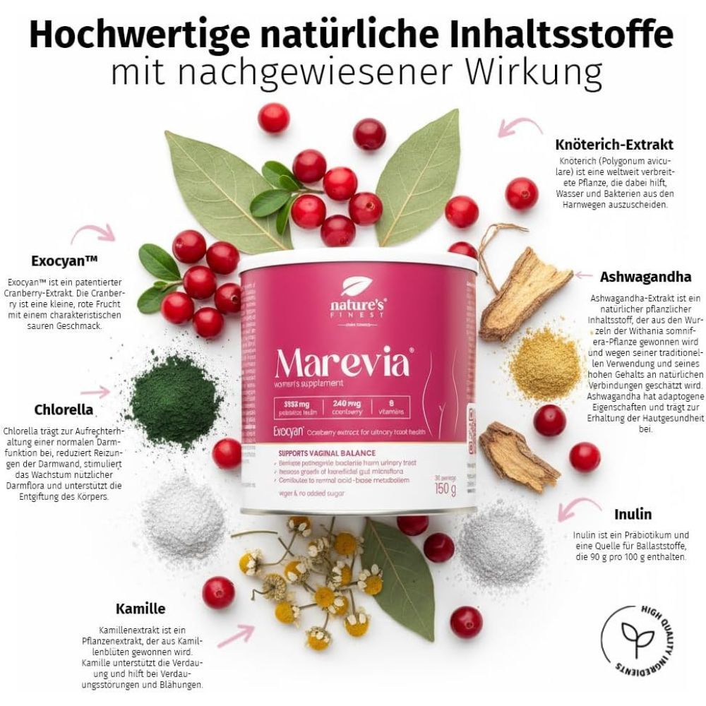 Dose Nature's Finest Marevia, umgeben von Zutaten: Cranberries, Kamille, Chlorella, Inulin, Ashwagandha. Text: Hochwertige natürliche Inhaltsstoffe mit nachgewiesener Wirkung.