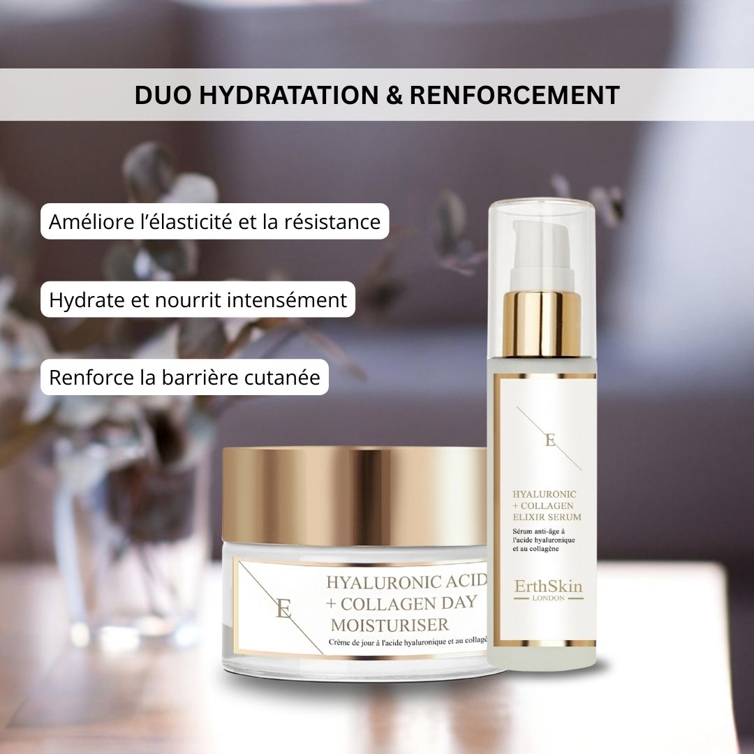 Tagescreme und Serum-Set. Cremetiegel und Serumflasche mit goldenen Deckeln. Beschriftung: Hyaluronsäure + Collagen.