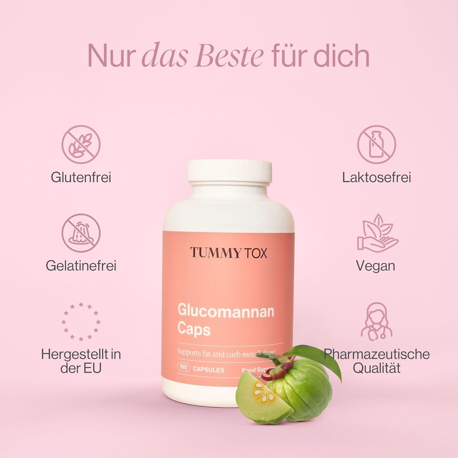 Weiße Flasche mit rosa Etikett. Aufschrift: Tummy Tox, Glucomannan Caps, 180 Kapseln. Symbole: glutenfrei, vegan, etc. Frucht.