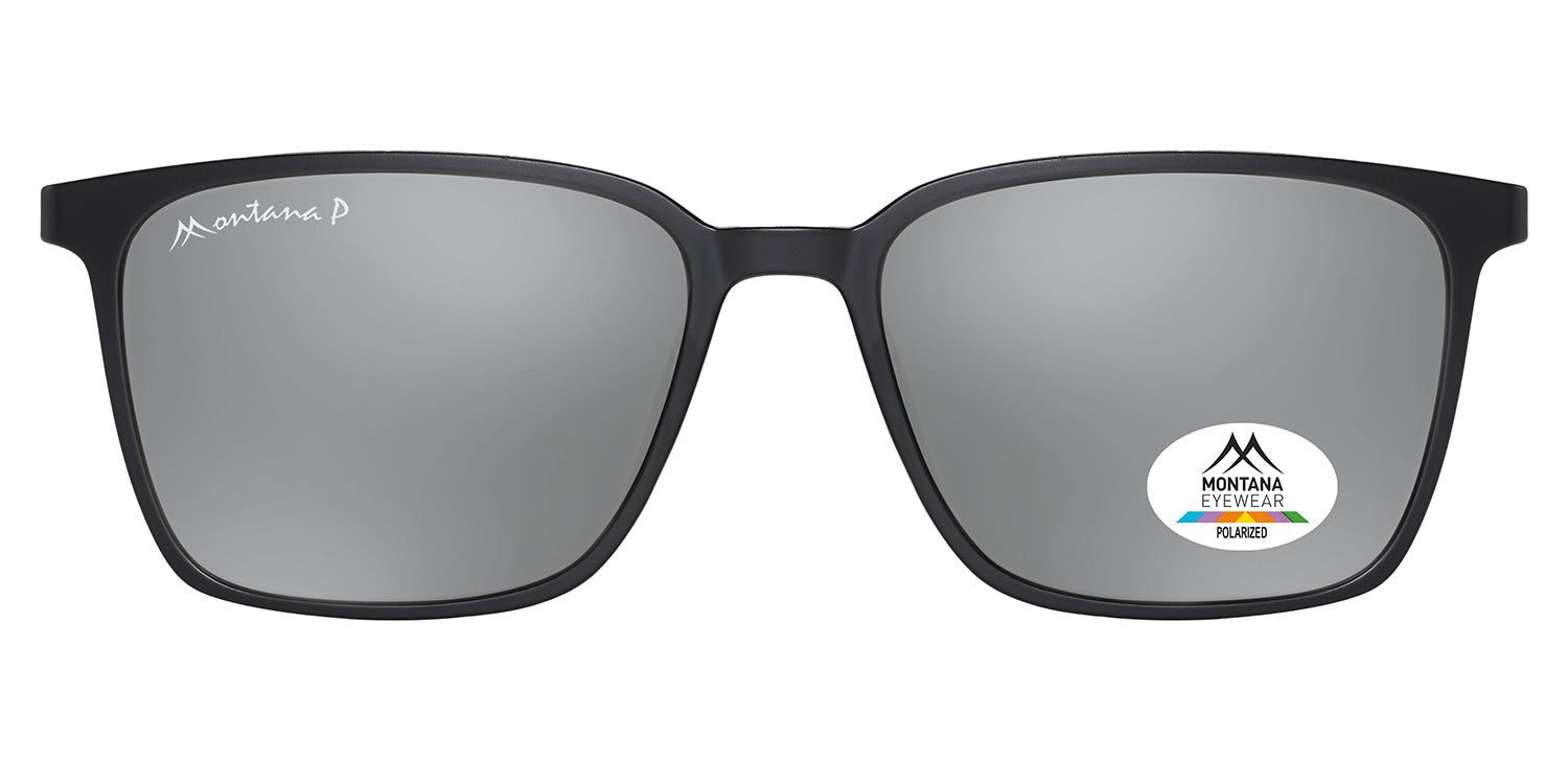 Schwarze Sonnenbrille mit silberfarbenen Gläsern. Montana Eyewear Logo auf dem linken Bügel. Auf dem rechten Glas ein Logo mit Qualitätsmerkmal.