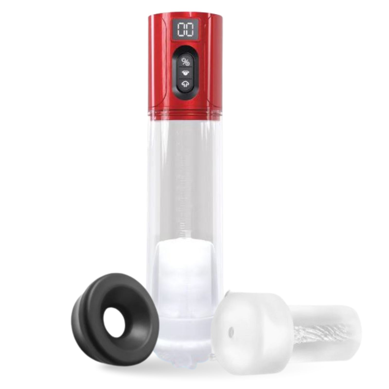 Elektronische Penispumpe mit Masturbatoreinsatz. Roter Kopf, transparente Röhre, schwarzer und weißer Einsatz.