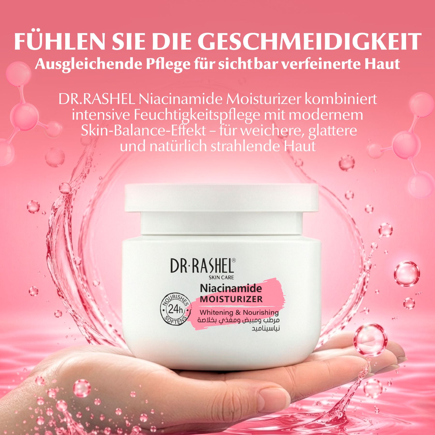 Dr. Rashel Niacinamide Moisturizer in einem weißen Tiegel, gehalten in einer Hand. Bietet Feuchtigkeitspflege für weichere, glattere Haut.