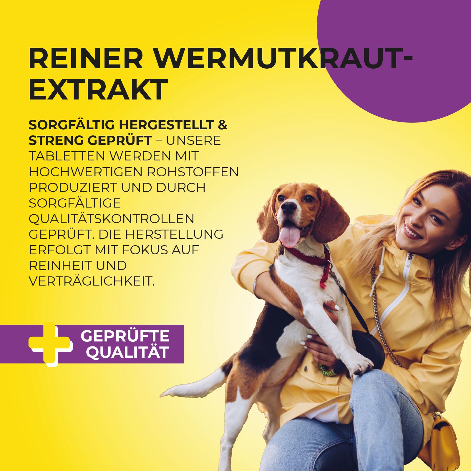 Frau umarmt einen Hund. Gelber Hintergrund mit Text: Reiner Wermutkraut-Extrakt. Geprüfte Qualität.