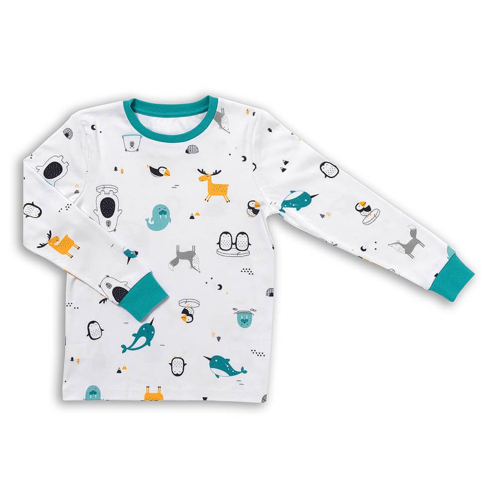 Weißes Langarmshirt mit Tier-Motiven und türkisen Bündchen. Rundhalsausschnitt.