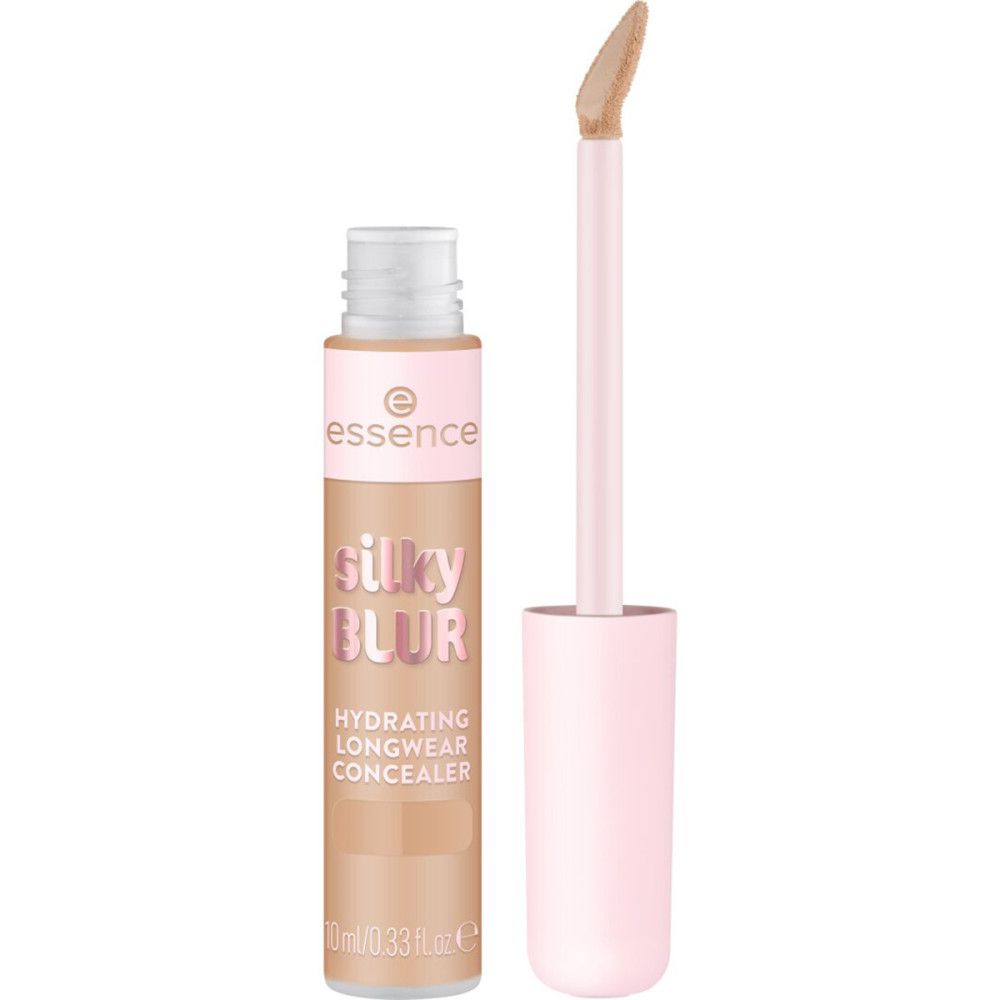 Concealer-Tube mit rosa Kappe und Applikator. Aufschrift: Silky Blur, Hydrating Longwear Concealer. Marke: Essence. Farbton: Beige.