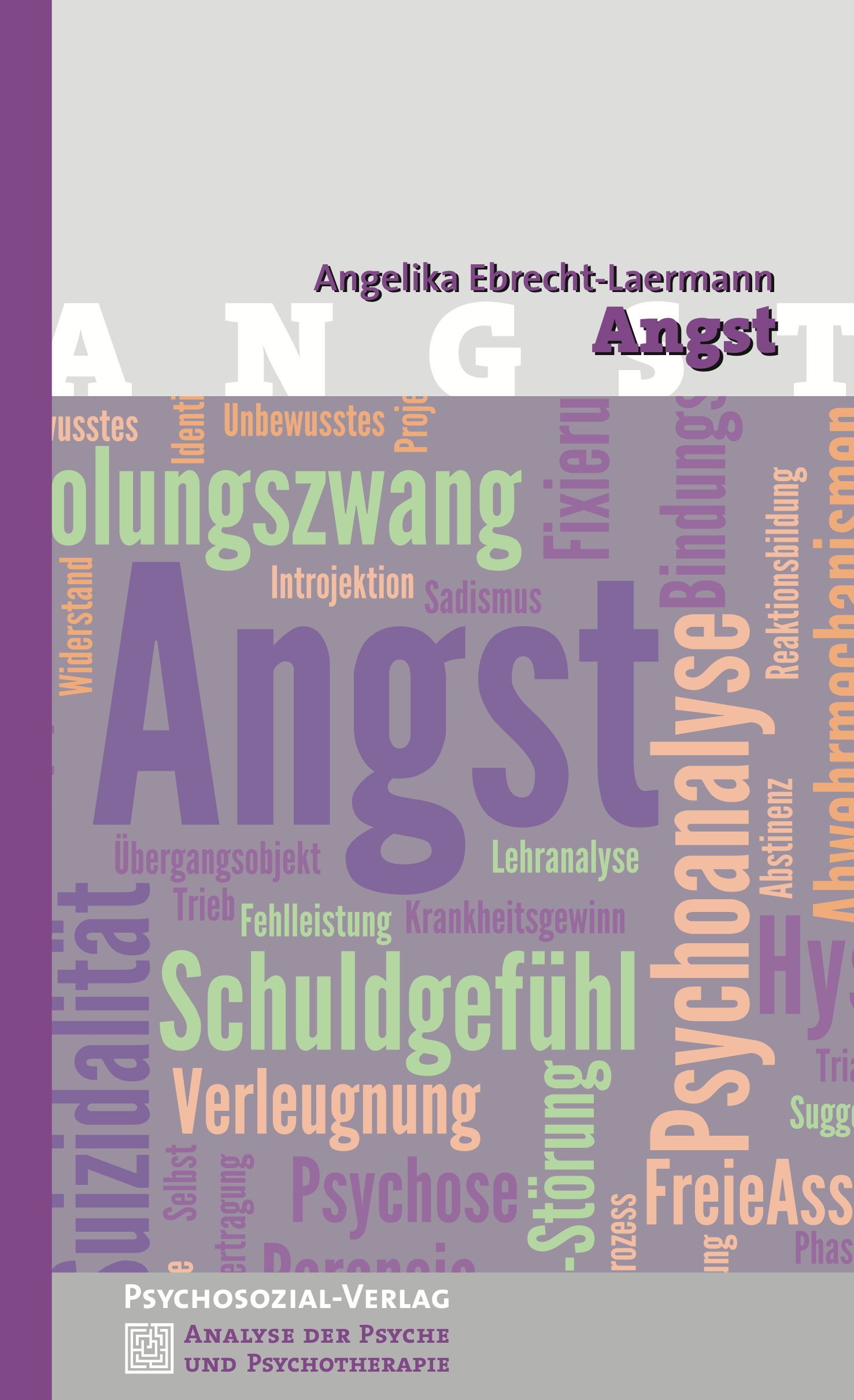 Buchcover mit dem Titel "Angst" von Angelika Ebrecht-Laermann. Auf grauem Hintergrund sind Wörter wie "Schuldgefühl" und "Psychoanalyse" zu sehen.