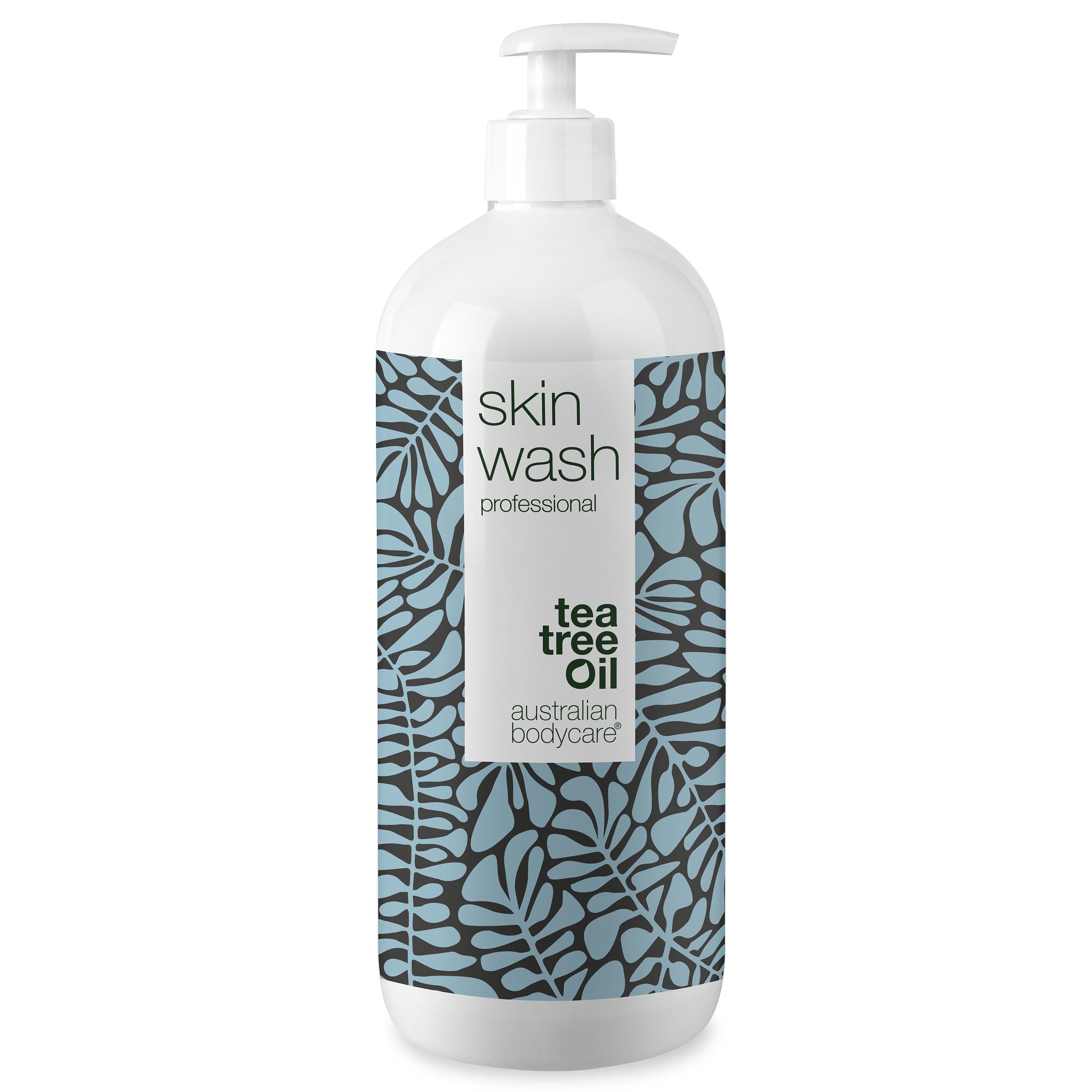 Weiße Flasche mit Pumpe. Aufschrift: Skin Wash professional, Tea Tree Oil, Australian Bodycare.