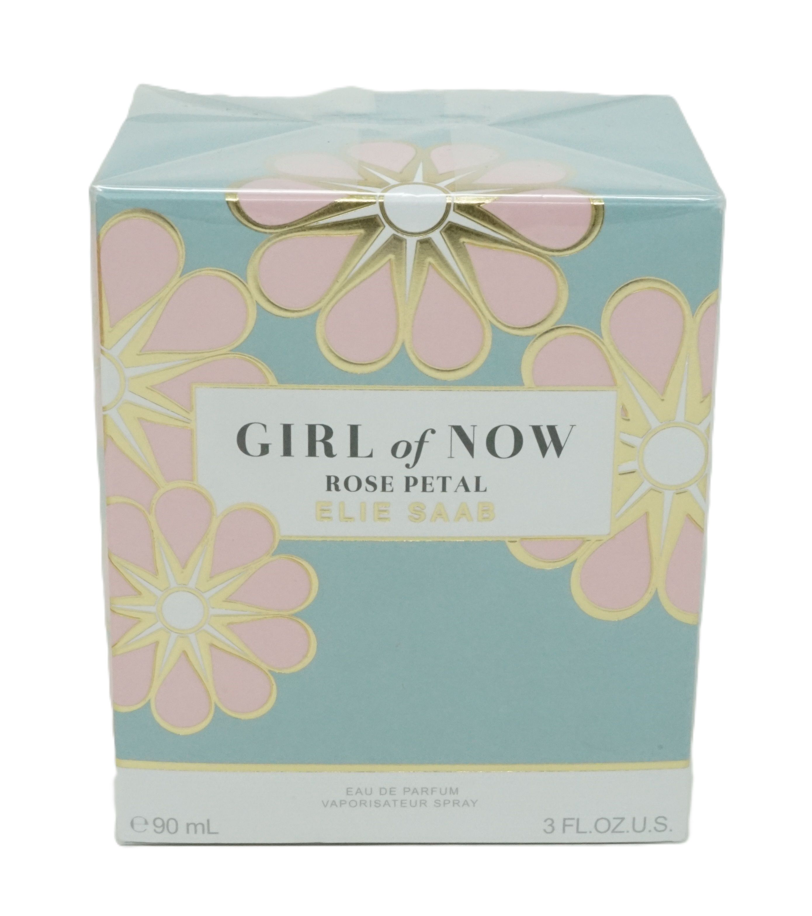 Verpackung, blau mit Blumenmuster. Aufschrift: GIRL of NOW ROSE PETAL ELIE SAAB. Volumen: 90ml, 3 FL.OZ.U.S.