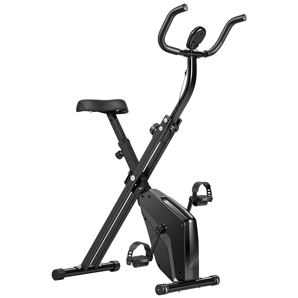 Schwarzes, klappbares Heimtrainer-Fahrrad. Sattel, Lenker, Pedale und Display. Metallrahmen. Detailansicht.