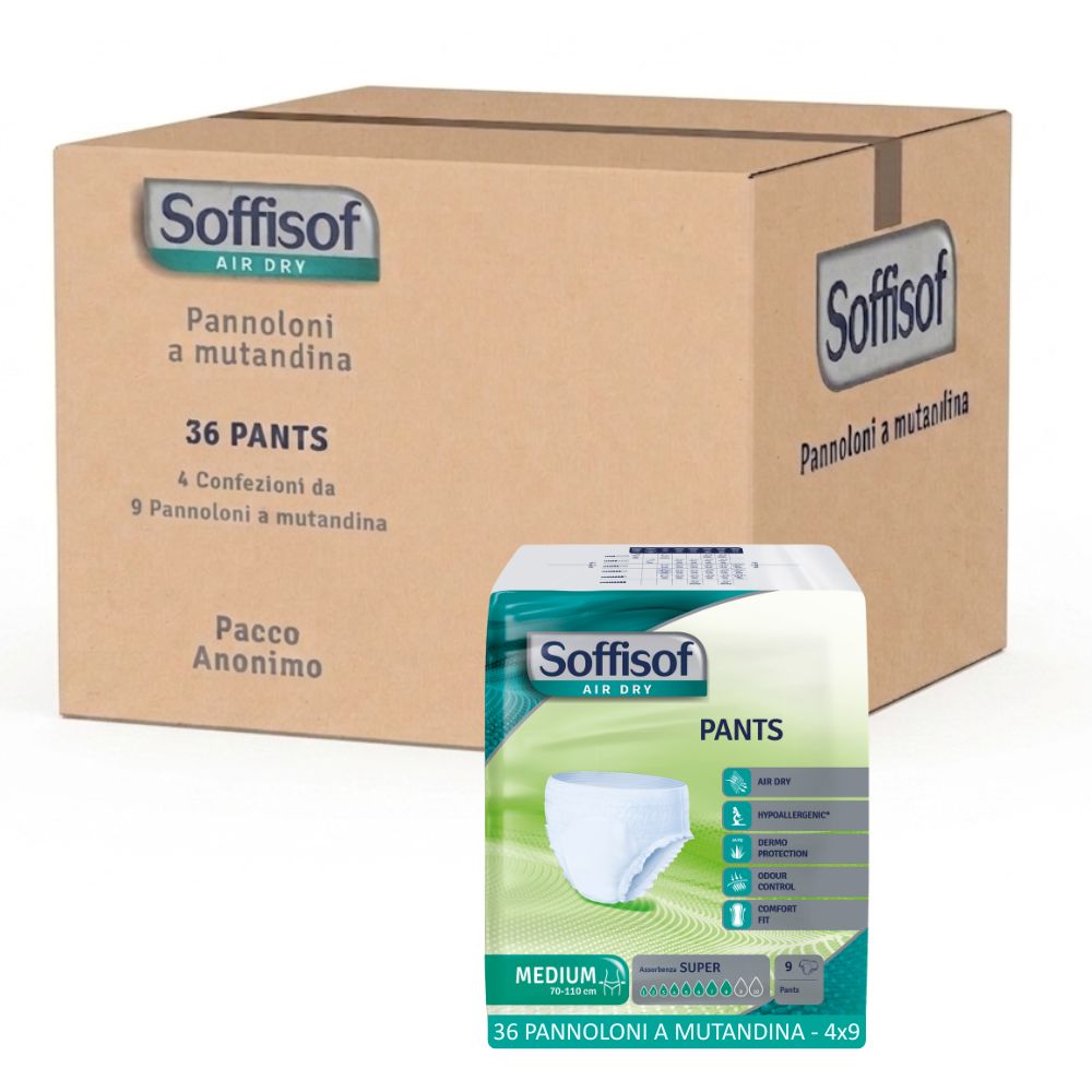 Soffisof Pants: Karton mit 36 Inkontinenz-Windelhosen, 4 Packungen à 9 Stück.