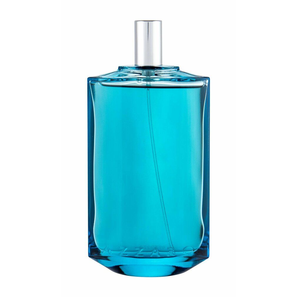 Hellblaues Azzaro Chrome Legend Eau de Toilette Flakon. Der Flakon hat eine rechteckige Form mit silbernem Verschluss.