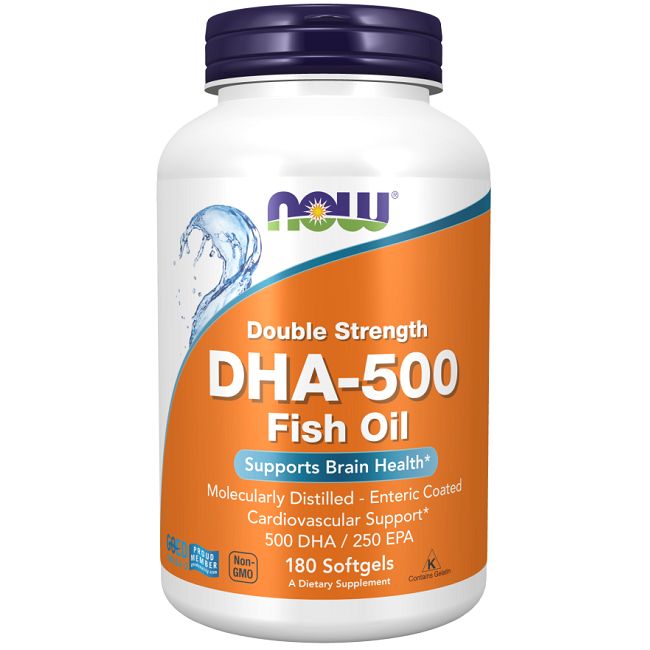 Weiße Flasche mit blauem Deckel. Orangefarbenes Etikett mit "NOW" Logo und "DHA-500 Fish Oil". Enthält 180 Softgels.