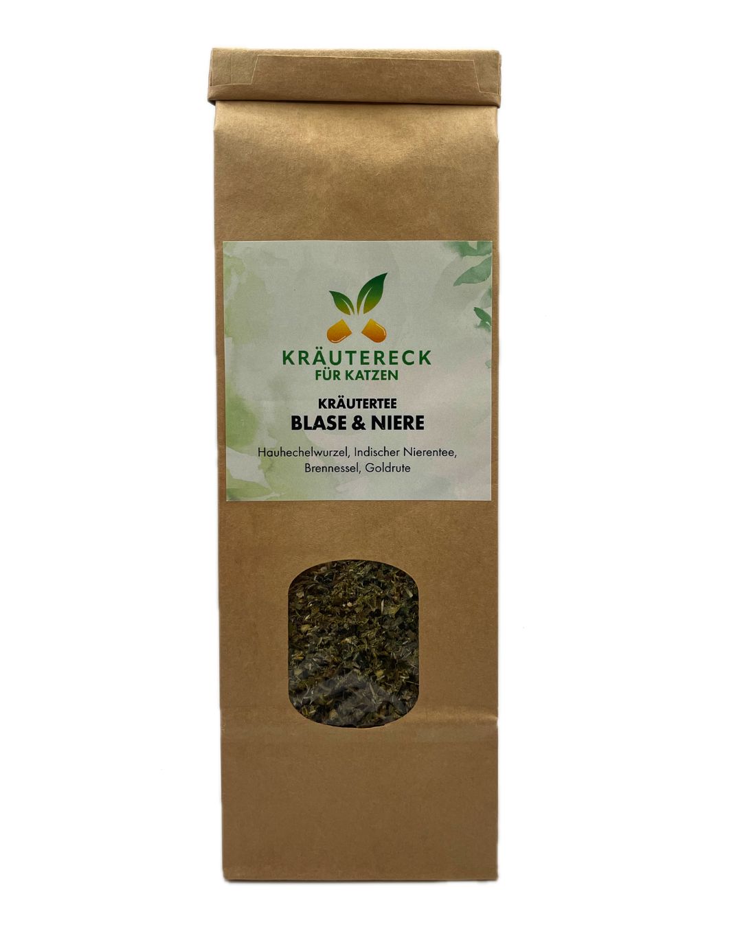 Braune Papiertüte mit Sichtfenster. Aufkleber mit Produktnamen und Inhaltsstoffen. Kräutertee für Katzen.