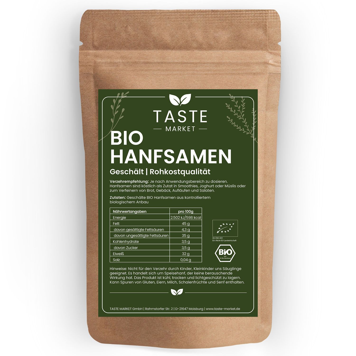 Taste Market Bio Hanfsamen in brauner Papiertüte mit Sichtfenster und Nährwertangaben. Bio-Siegel sichtbar.