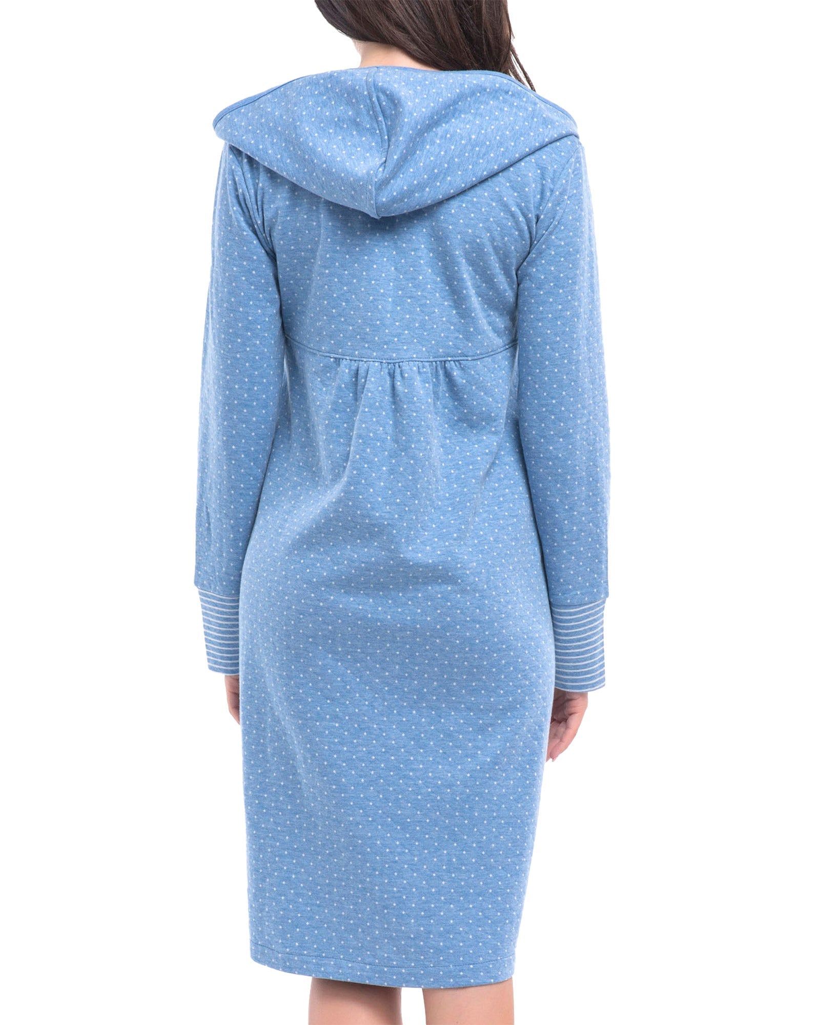 Blauer Morgenmantel mit Kapuze, Fleece-Baumwolle, gepunktet. Rückansicht. Gestreifte Ärmel.