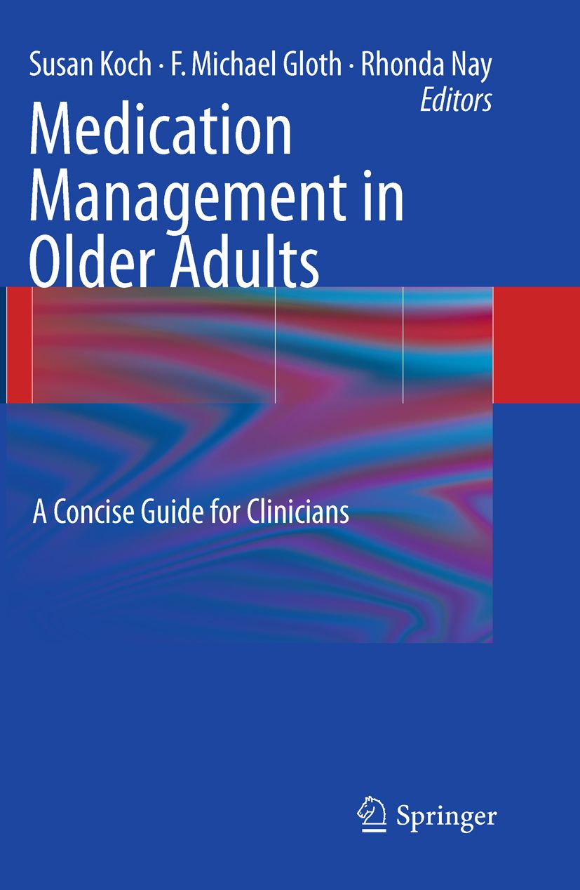 Buchcover: "Medication Management in Older Adults". Autoren: Koch, Gloth, Nay. Verlag Springer. Blauer Hintergrund, farbiger Streifen.